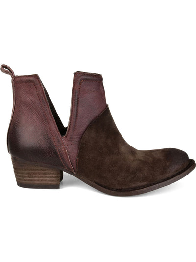 JOURNEE SIGNATURE Womens Brown Two Toned Deep V Side Cut Outs Cushioned Dempsy Almond Toe Block Heel Slip On Leather Booties 7