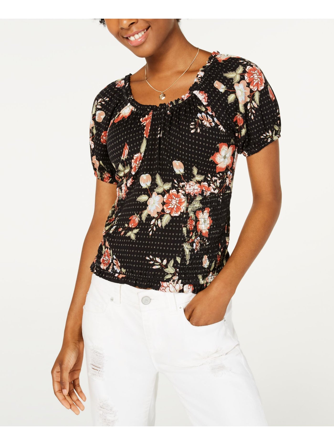 AMERICAN RAG Womens Black Floral Pouf Jewel Neck Evening Blouse XS