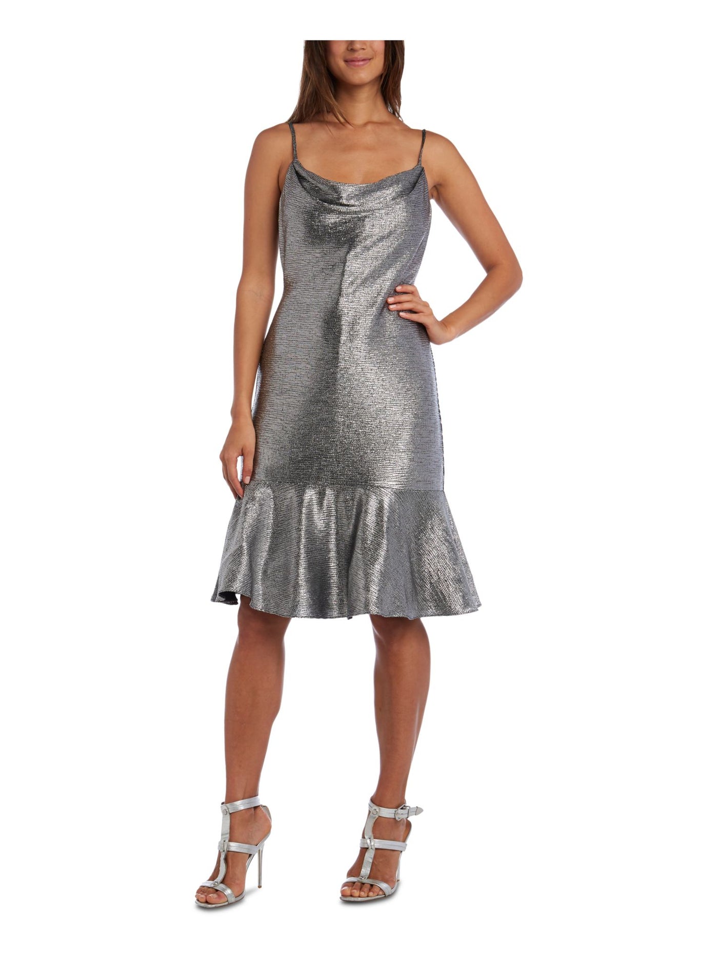 NIGHTWAY Womens Silver Spaghetti Strap Cowl Neck Knee Length Party Shift Dress Petites 10P