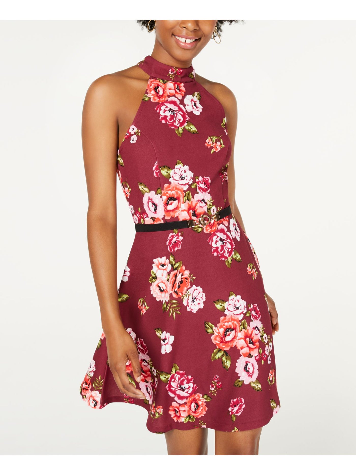 CRAVE FAME Womens Burgundy Floral Halter Mini Fit + Flare Dress Size: M
