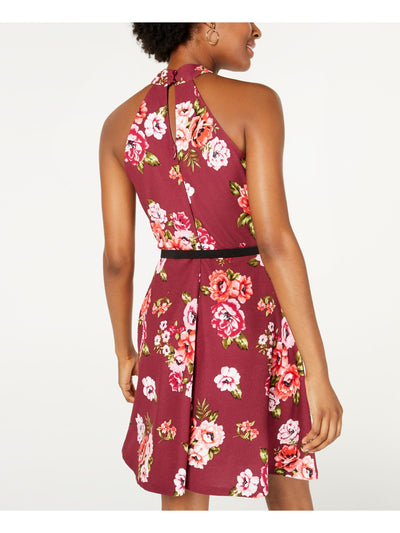 CRAVE FAME Womens Burgundy Floral Halter Mini Fit + Flare Dress Size: M