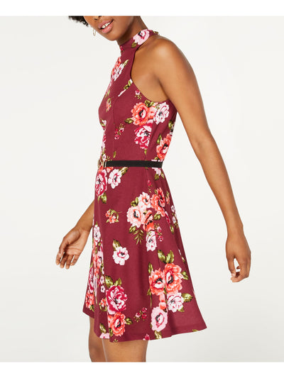 CRAVE FAME Womens Burgundy Floral Halter Mini Fit + Flare Dress Size: M