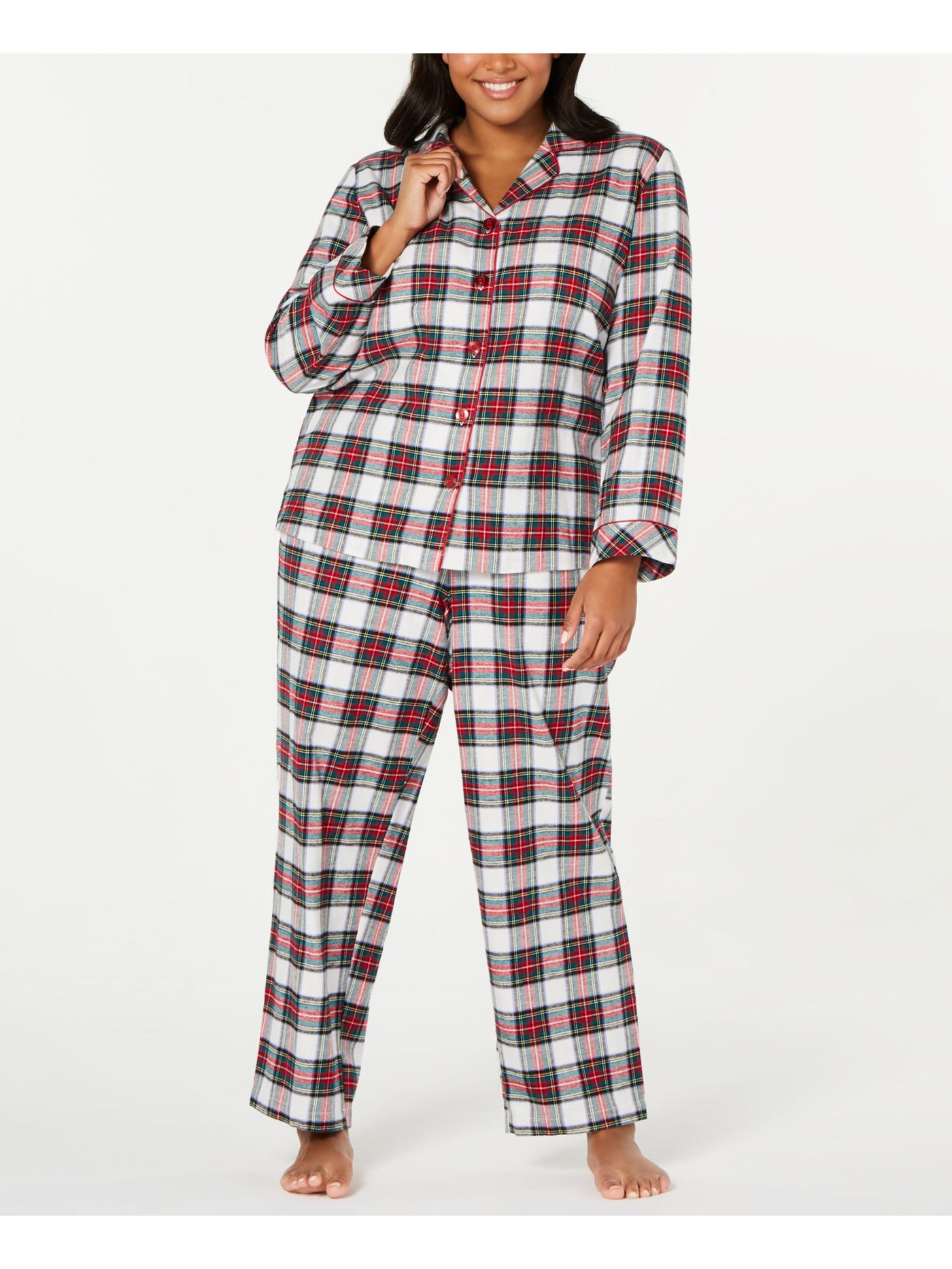 FAMILY PJs Womens Red Plaid Notched Collar Button Up Top Straight leg Pants Pajamas Plus 2X