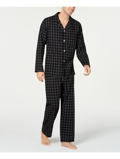 CLUBROOM Mens Black Notched Collar Long Sleeve Button Up Top Straight leg Pants Flannel Pajamas 2XL