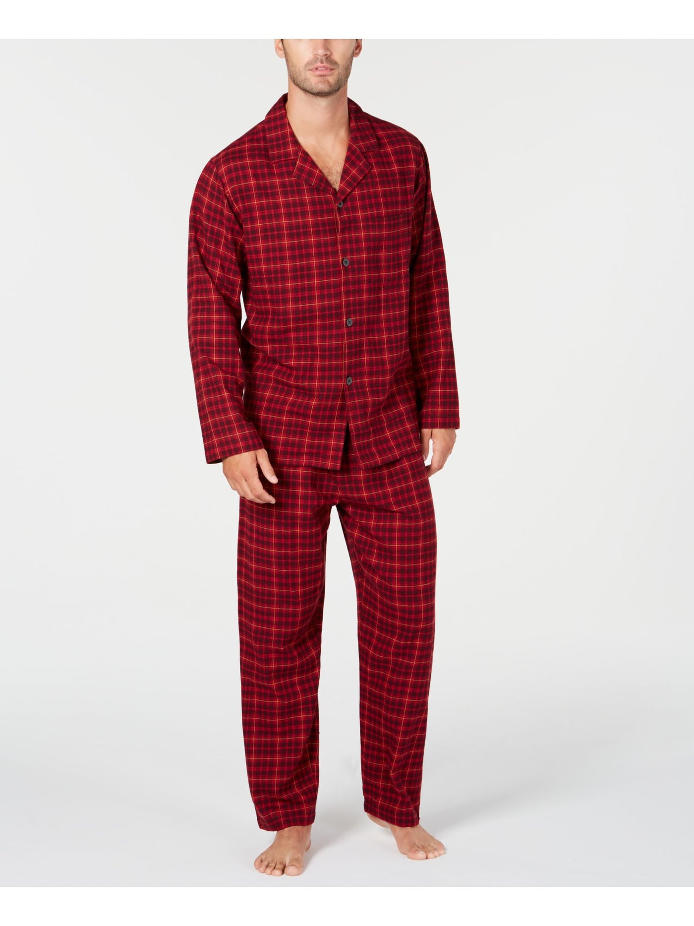 CLUBROOM Mens Red Plaid Elastic Band Button Up Top Straight leg Pants Pajamas M
