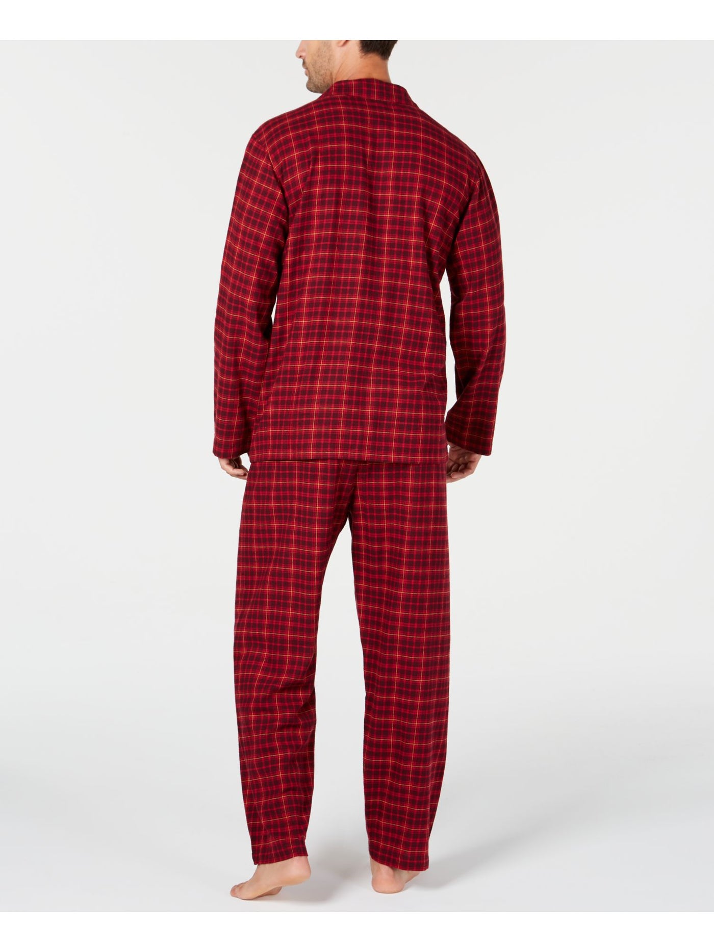 CLUBROOM Mens Red Plaid Elastic Band Button Up Top Straight leg Pants Pajamas M