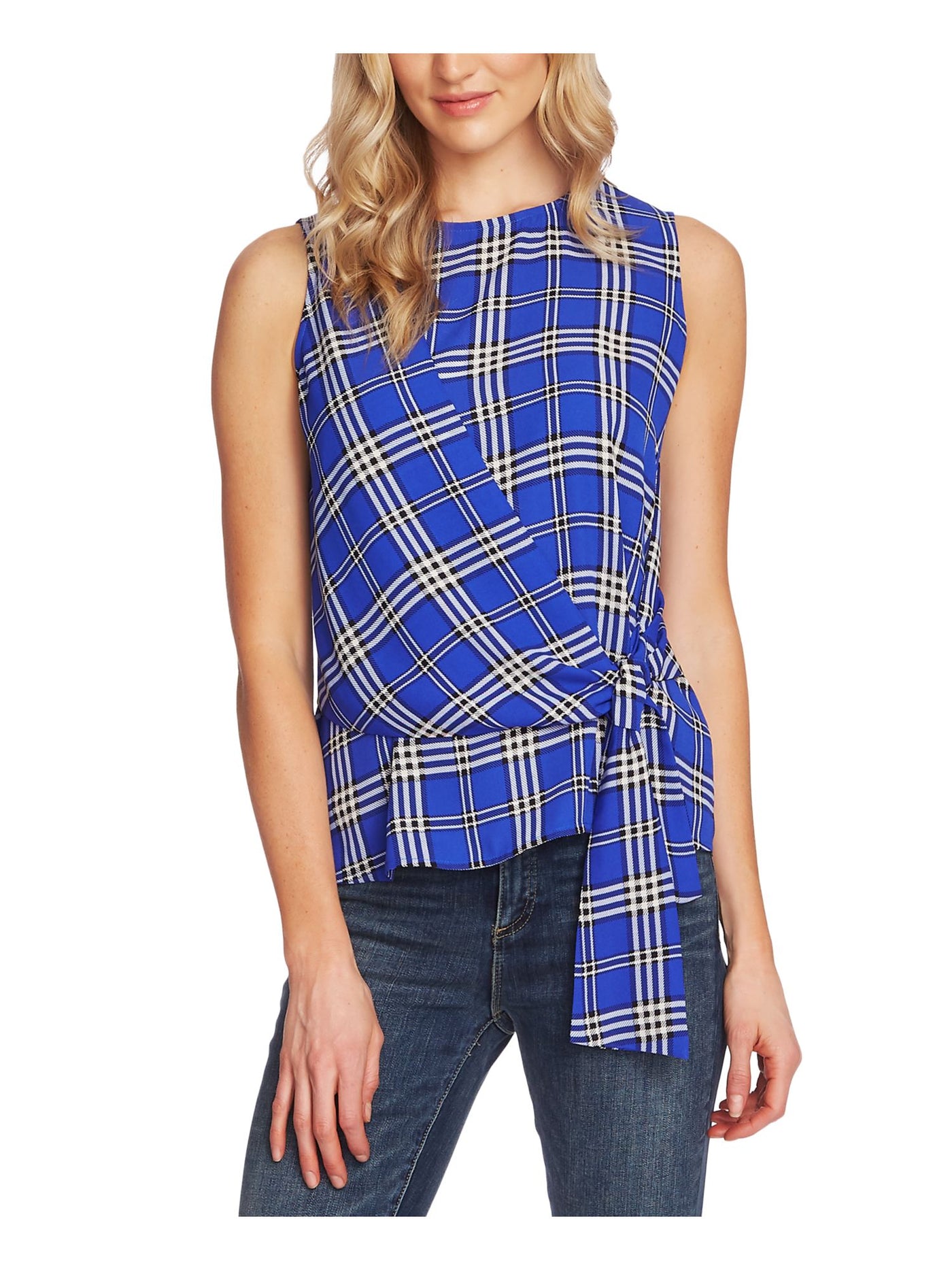 VINCE CAMUTO Womens Blue Side Tie Plaid Sleeveless Crew Neck Top XXS