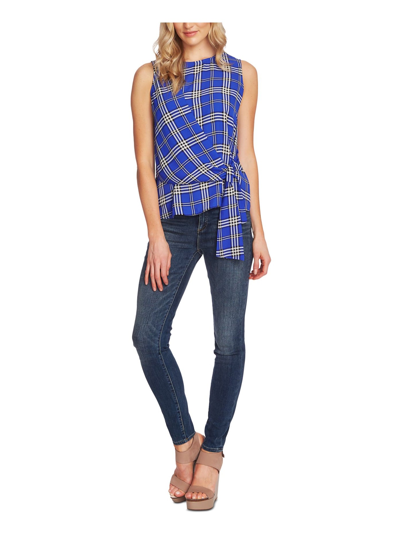 VINCE CAMUTO Womens Blue Side Tie Plaid Sleeveless Crew Neck Top XXS