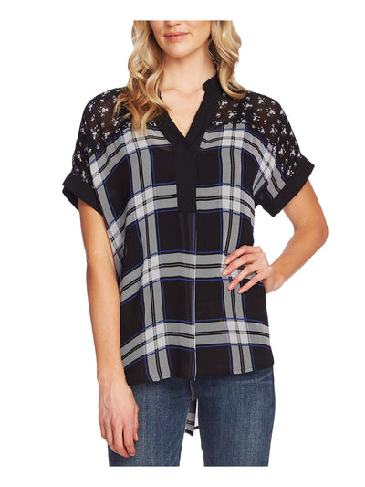 VINCE CAMUTO Womens Black Printed Short Sleeve V Neck Hi-Lo Top M