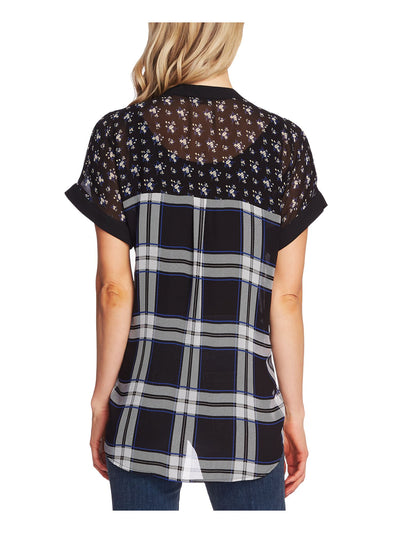 VINCE CAMUTO Womens Black Printed Short Sleeve V Neck Hi-Lo Top M