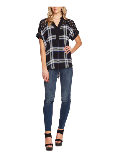 VINCE CAMUTO Womens Black Printed Short Sleeve V Neck Hi-Lo Top M