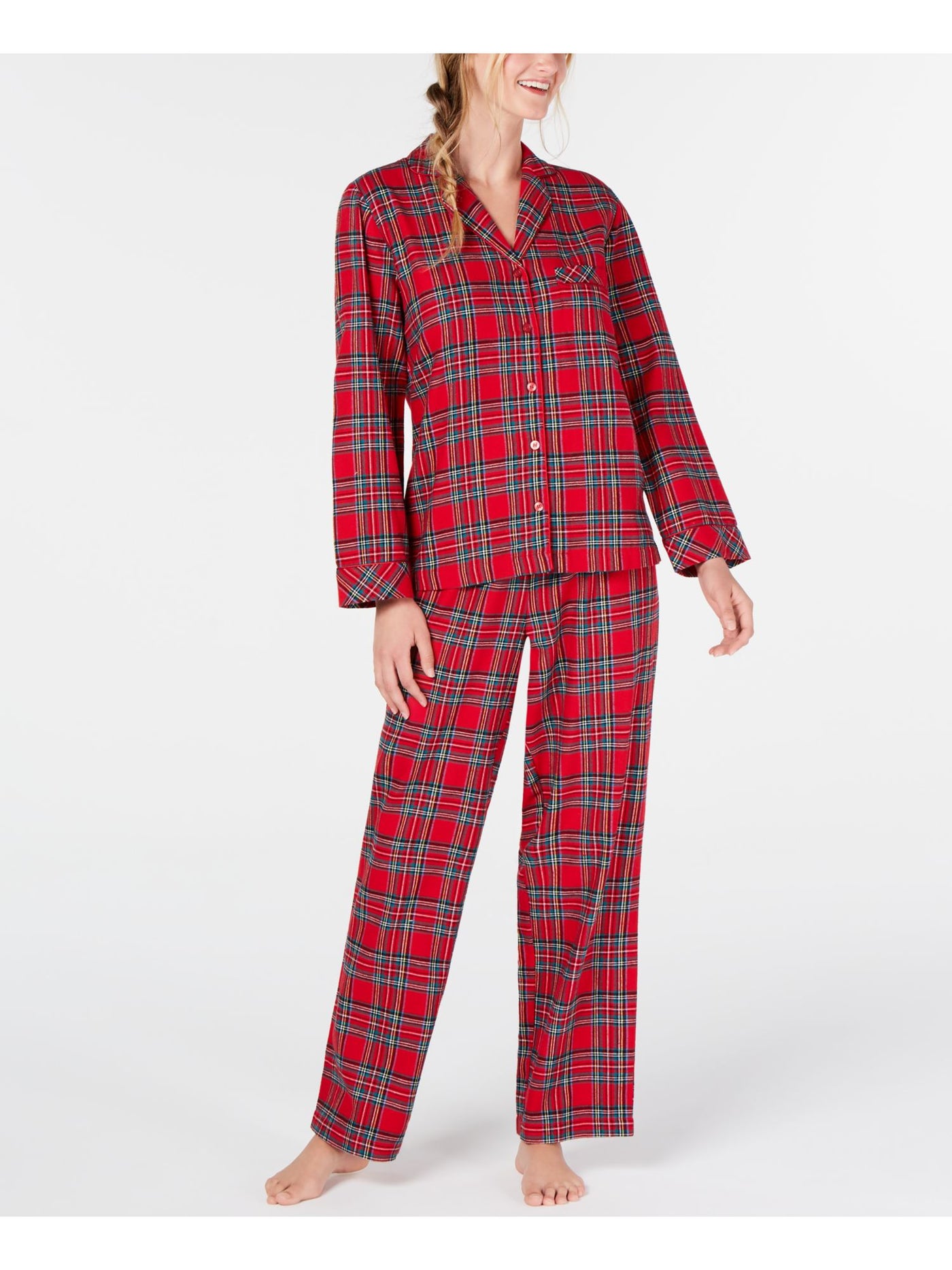 FAMILY PJs Womens Red Printed Notched Collar Long Sleeve Button Up Top Straight leg Pants Flannel Pajamas L