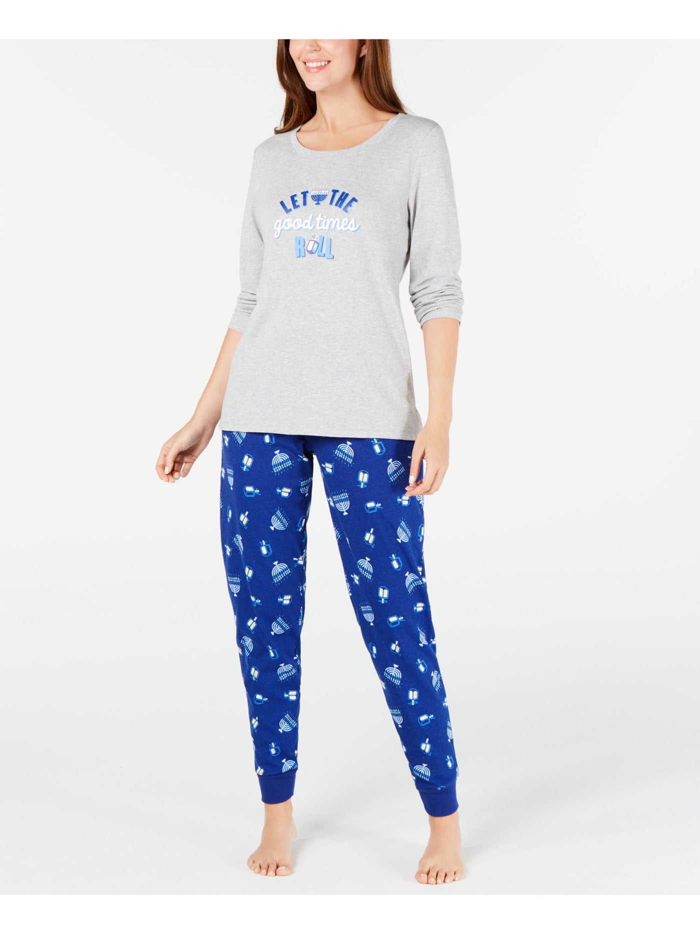 FAMILY PJs Womens Blue Printed Long Sleeve T-Shirt Top Lounge Pants Pajamas M