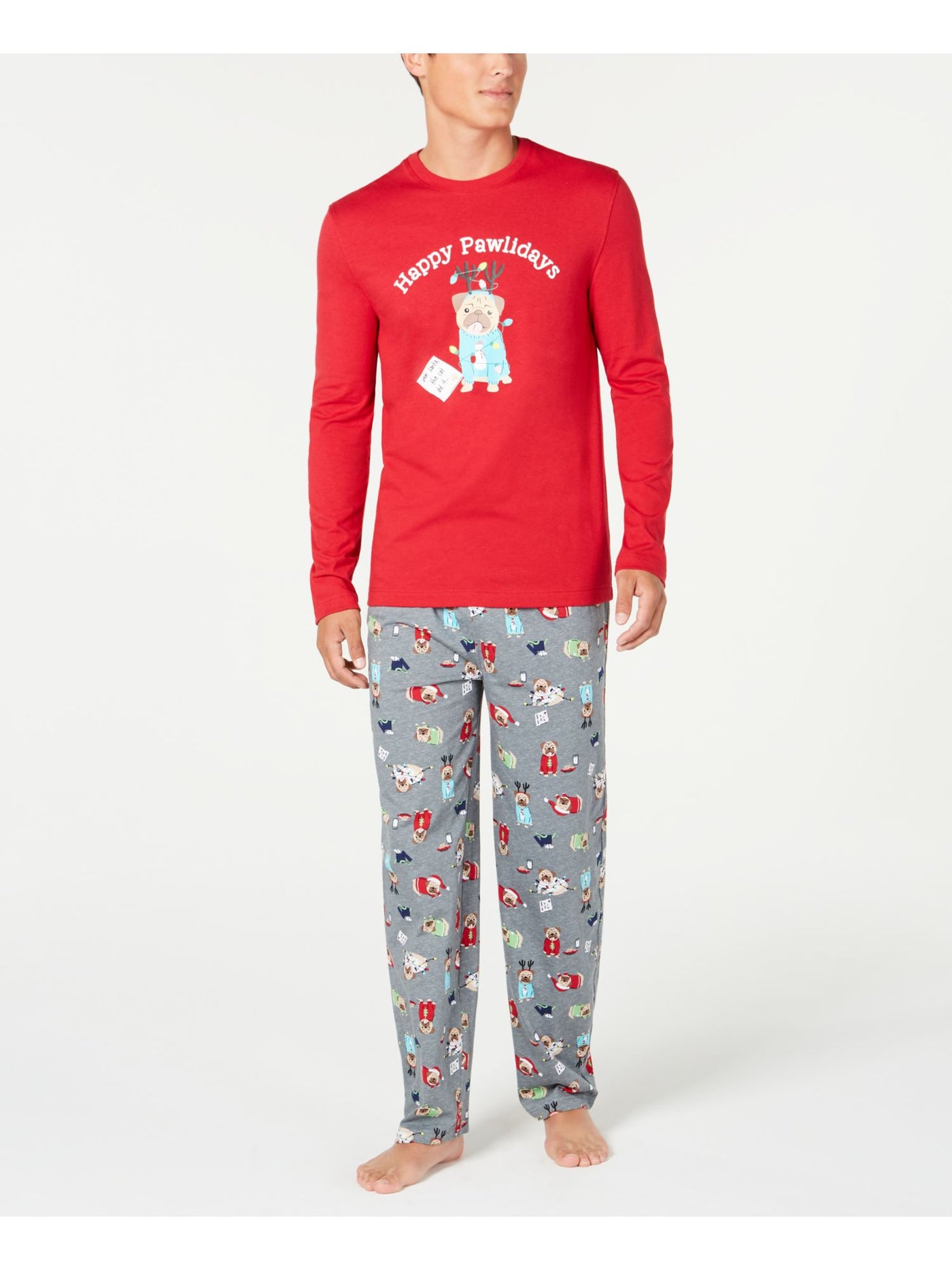 FAMILY PJs Mens Red Graphic T-Shirt Top Straight leg Pants Pajamas L