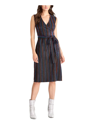 RACHEL RACHEL ROY Womens Black Striped Sleeveless V Neck Below The Knee Party Wrap Dress XS