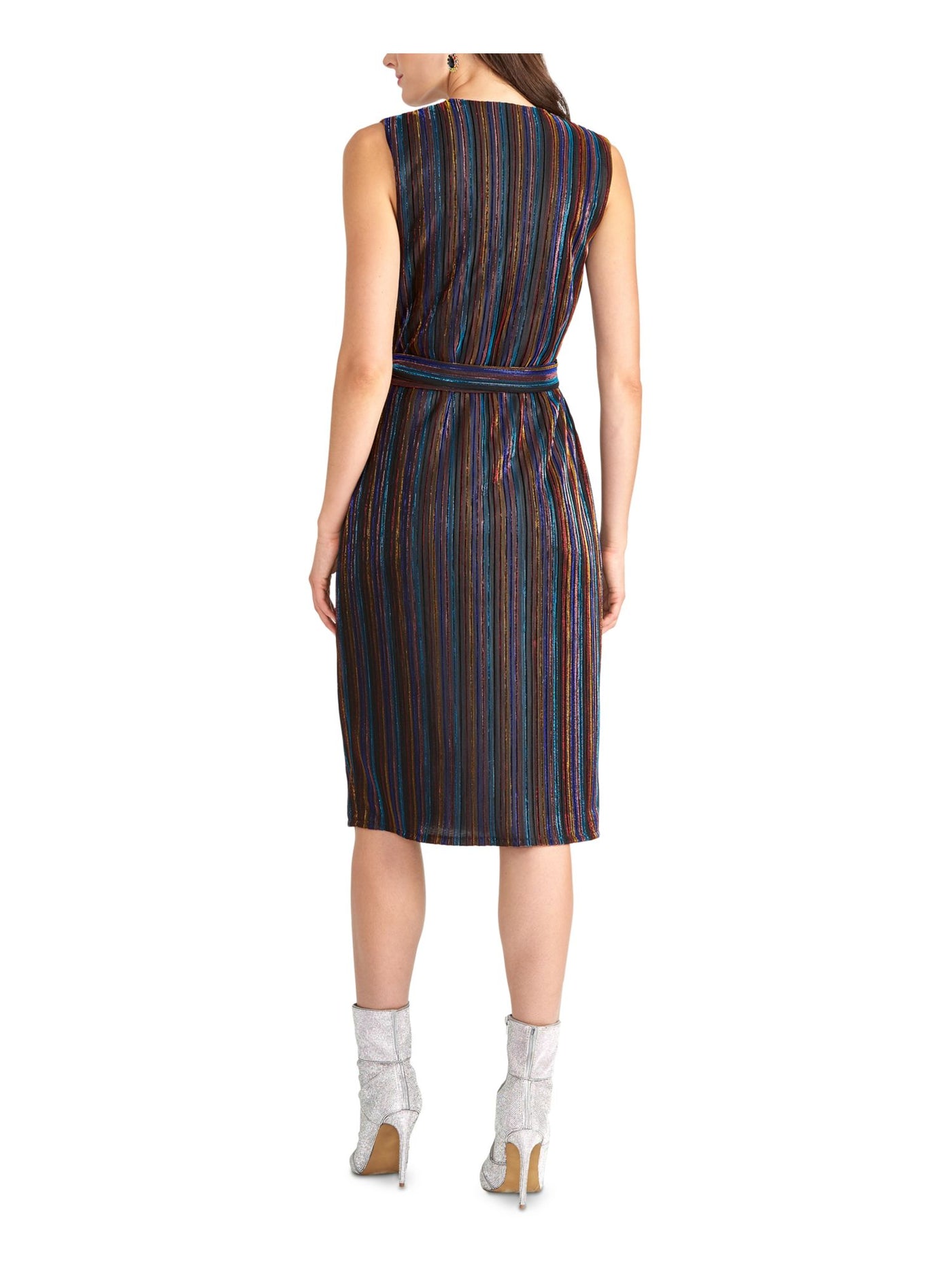 RACHEL RACHEL ROY Womens Black Striped Sleeveless V Neck Below The Knee Party Wrap Dress XS