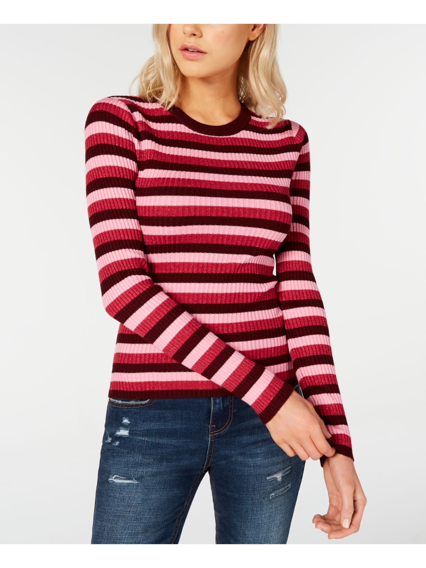 HOOKED UP Womens Pink Stretch Metallic Striped Long Sleeve Crew Neck Sweater Juniors S