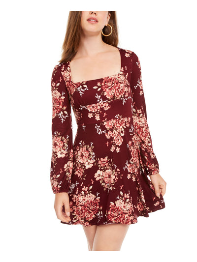 B DARLIN Womens Burgundy Floral Long Sleeve Square Neck Short Fit + Flare Dress 1\2