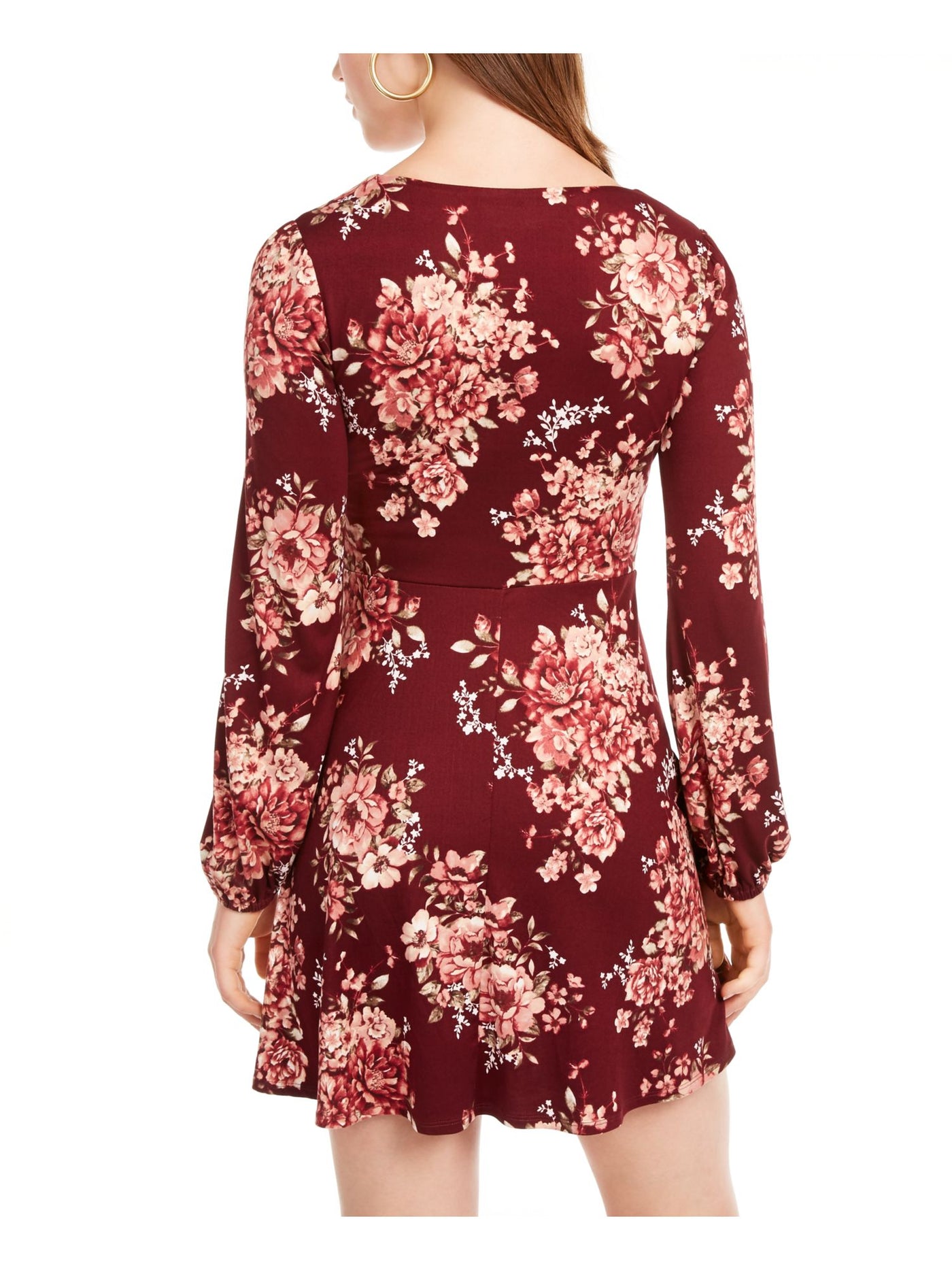 B DARLIN Womens Burgundy Floral Long Sleeve Square Neck Short Fit + Flare Dress Juniors 1\2