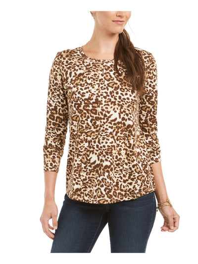 STYLE & COMPANY Womens Brown Animal Print Long Sleeve Jewel Neck Top Size: XS