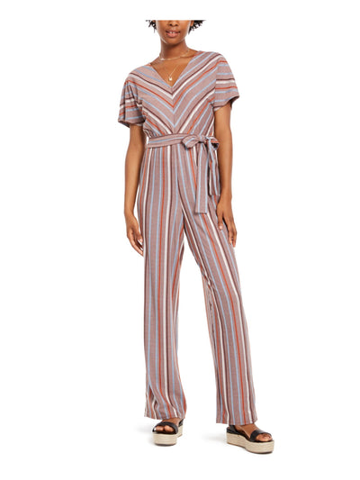 CRYSTAL DOLLS Womens Brown Belted Striped Short Sleeve V Neck Wide Leg Jumpsuit Juniors XXS