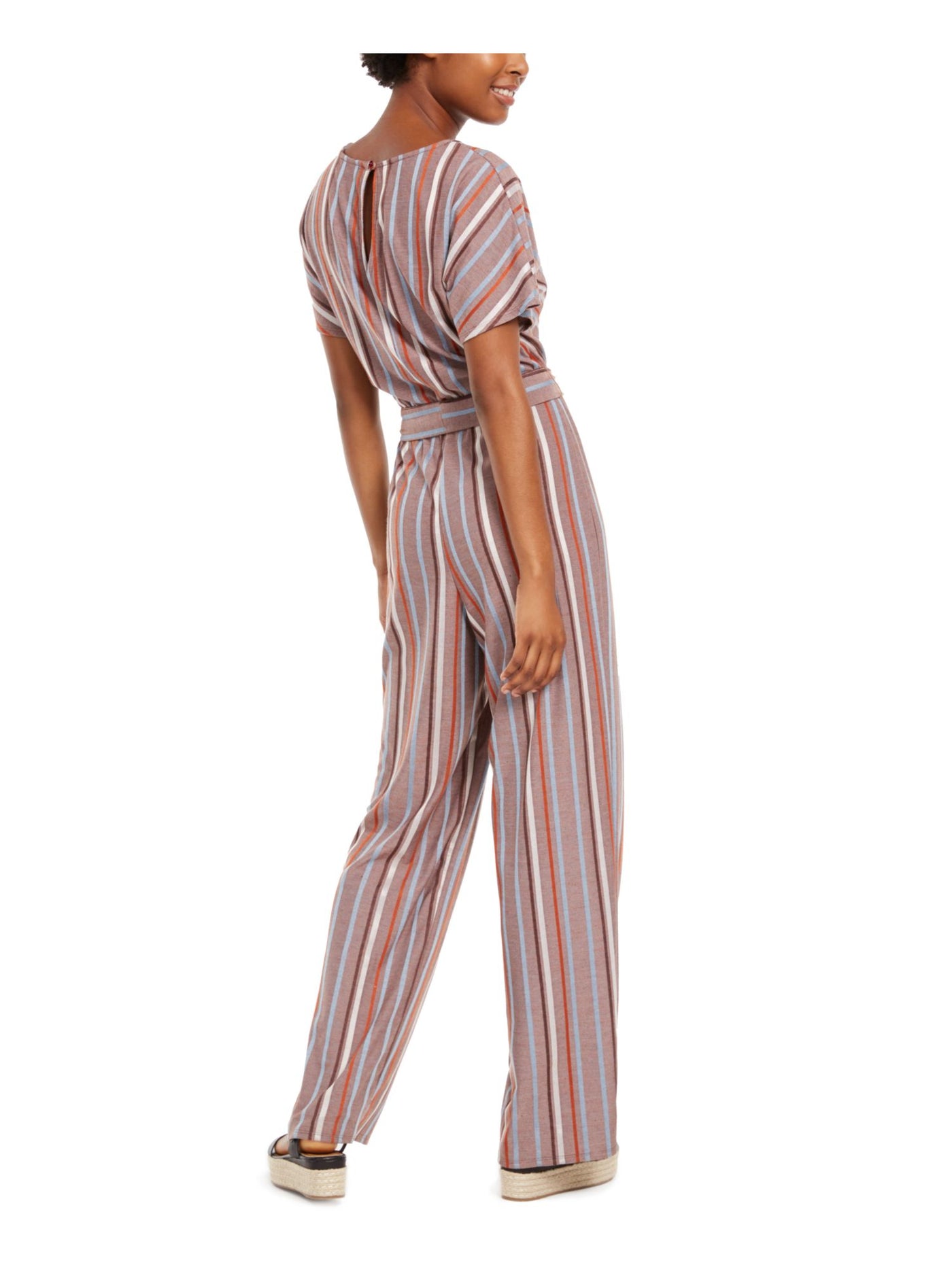 CRYSTAL DOLLS Womens Brown Belted Striped Short Sleeve V Neck Wide Leg Jumpsuit Juniors S