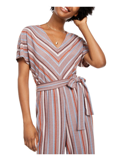 CRYSTAL DOLLS Womens Brown Belted Striped Short Sleeve V Neck Wide Leg Jumpsuit Juniors XXS