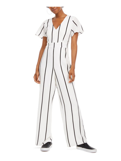 CRYSTAL DOLLS Womens White Striped Short Sleeve V Neck Wear To Work Straight leg Jumpsuit 1