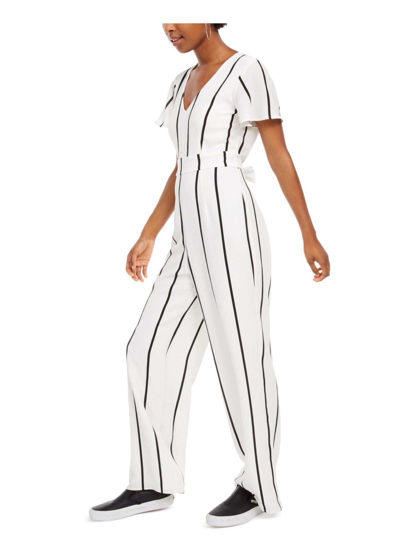 CRYSTAL DOLLS Womens White Striped Short Sleeve V Neck Wear To Work Straight leg Jumpsuit Juniors 1