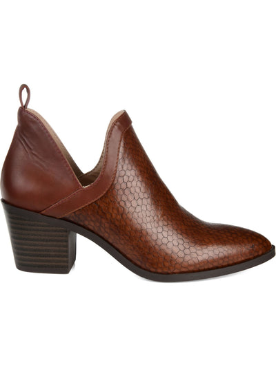 JOURNEE COLLECTION Womens Brown Snake V Cut Slits Back Pull Tab Cushioned Terri Almond Toe Block Heel Slip On Booties 10