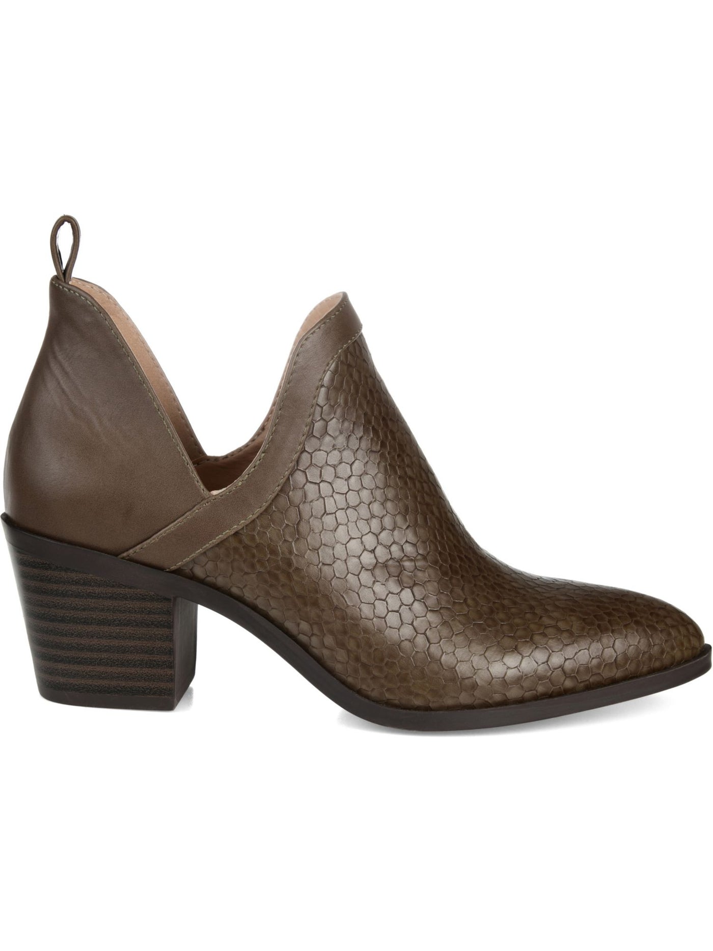 JOURNEE COLLECTION Womens Brown Snake V Cut Slits Back Pull Tab Cushioned Terri Almond Toe Block Heel Slip On Booties 7