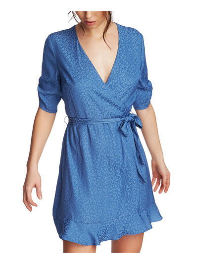 1. STATE Womens Blue Ruffled Animal Print Short Sleeve V Neck Mini Wrap Dress 2