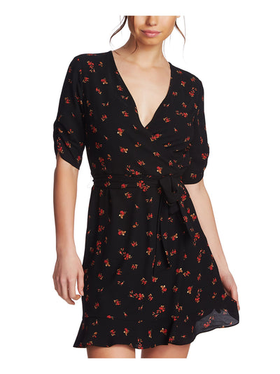 1. STATE Womens Black Floral Short Sleeve V Neck Mini Cocktail Wrap Dress 0