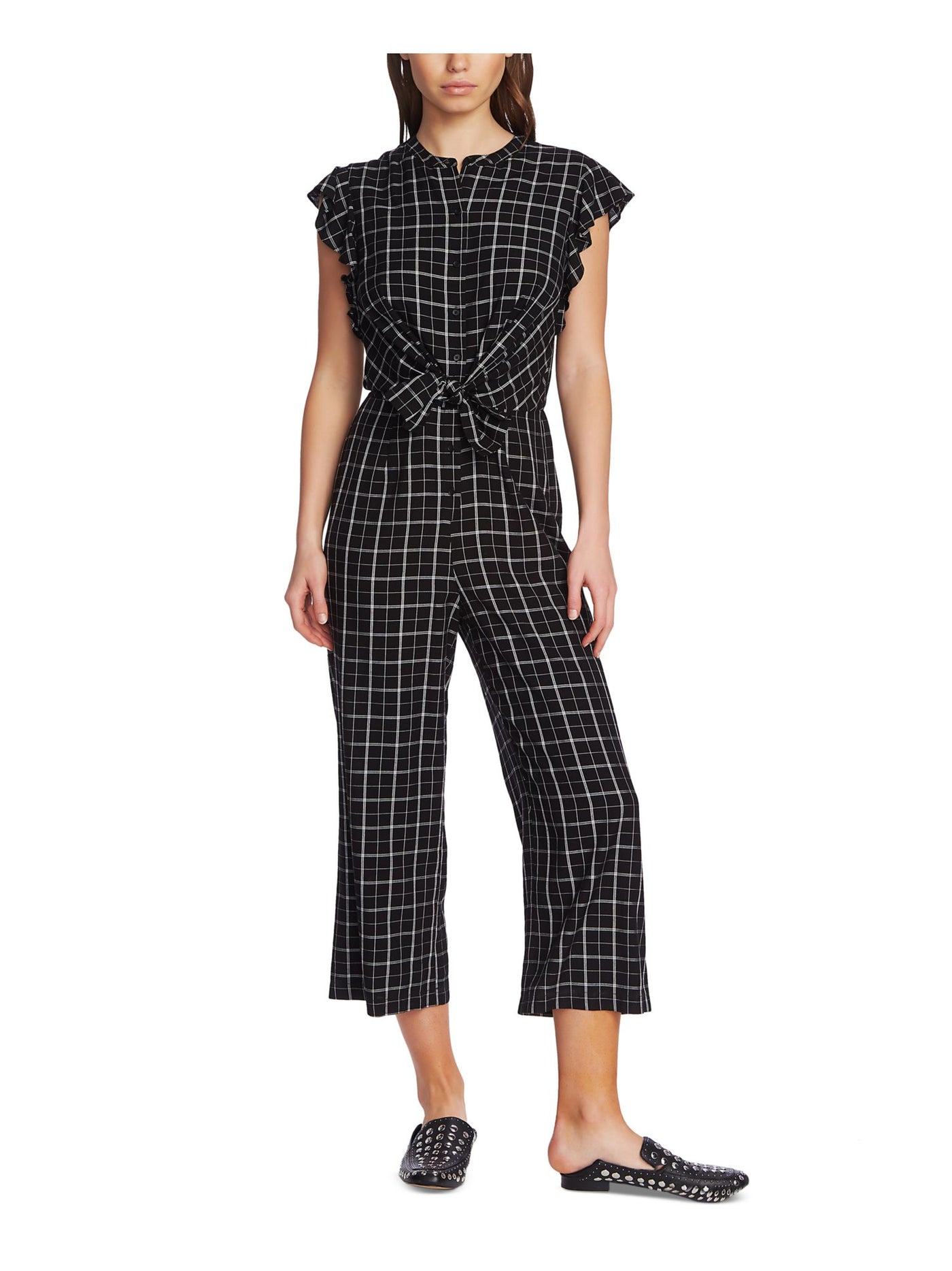 1. STATE Womens Black Ruffle Sleeve Plaid Cap Sleeve Button Up Cropped Jumpsuit 2
