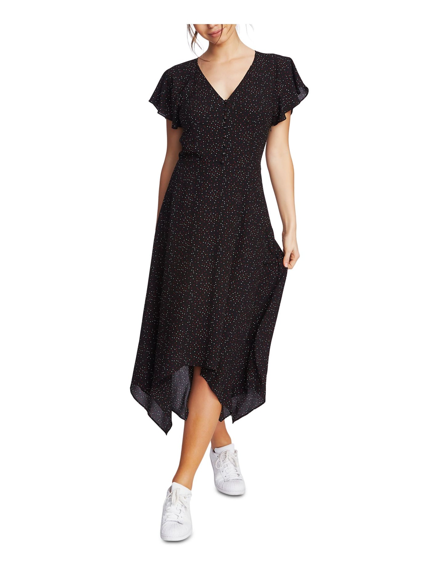 1. STATE Womens Black Polka Dot Cap Sleeve V Neck Dress 2