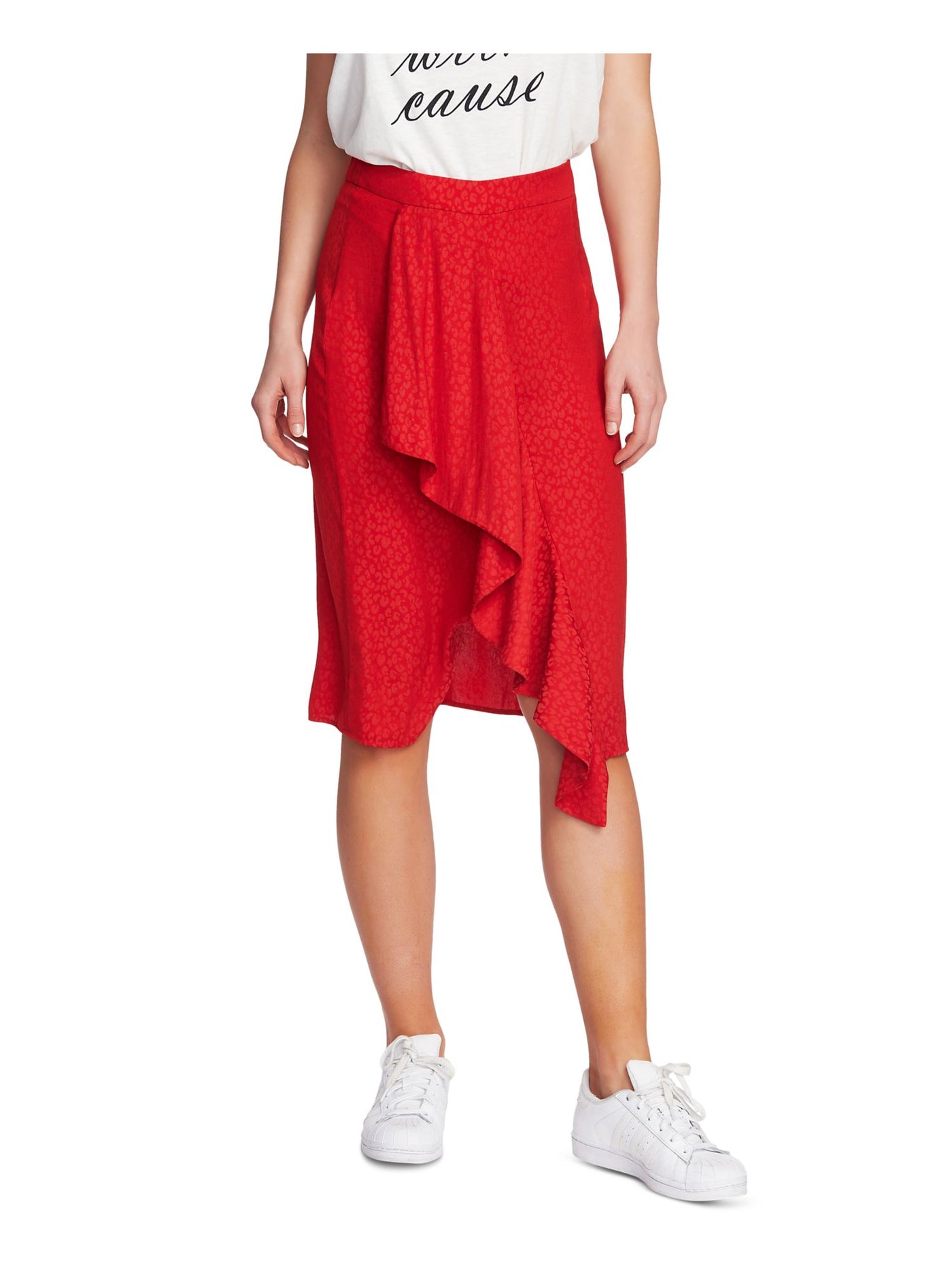 1. STATE Womens Red Below The Knee Wrap Skirt 2