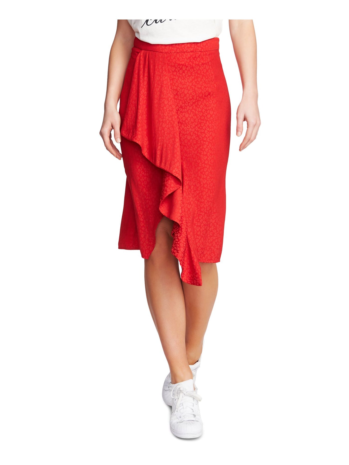 1. STATE Womens Red Below The Knee Wrap Skirt 8