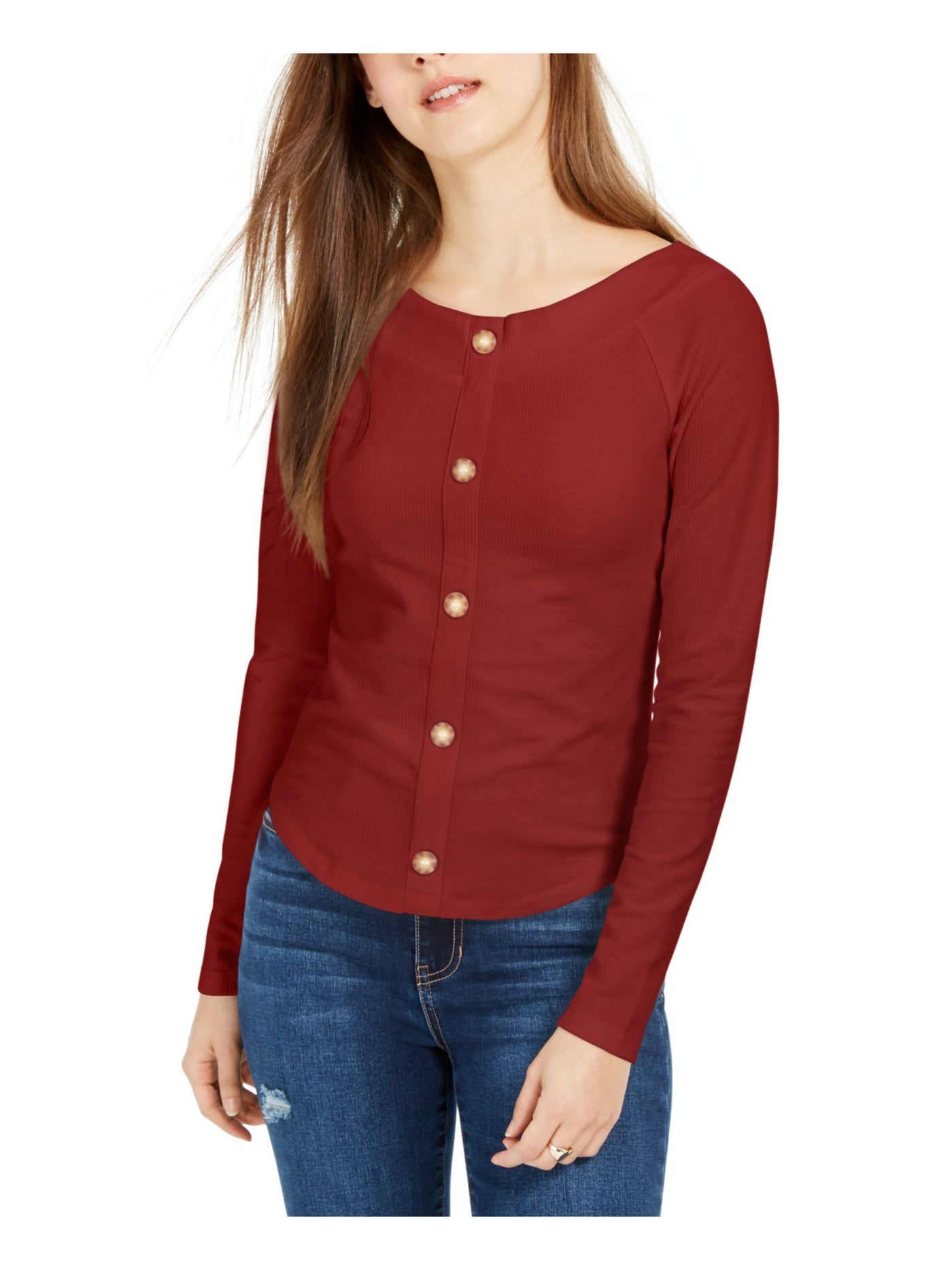 SELF E Womens Red Long Sleeve Jewel Neck Button Up Top S