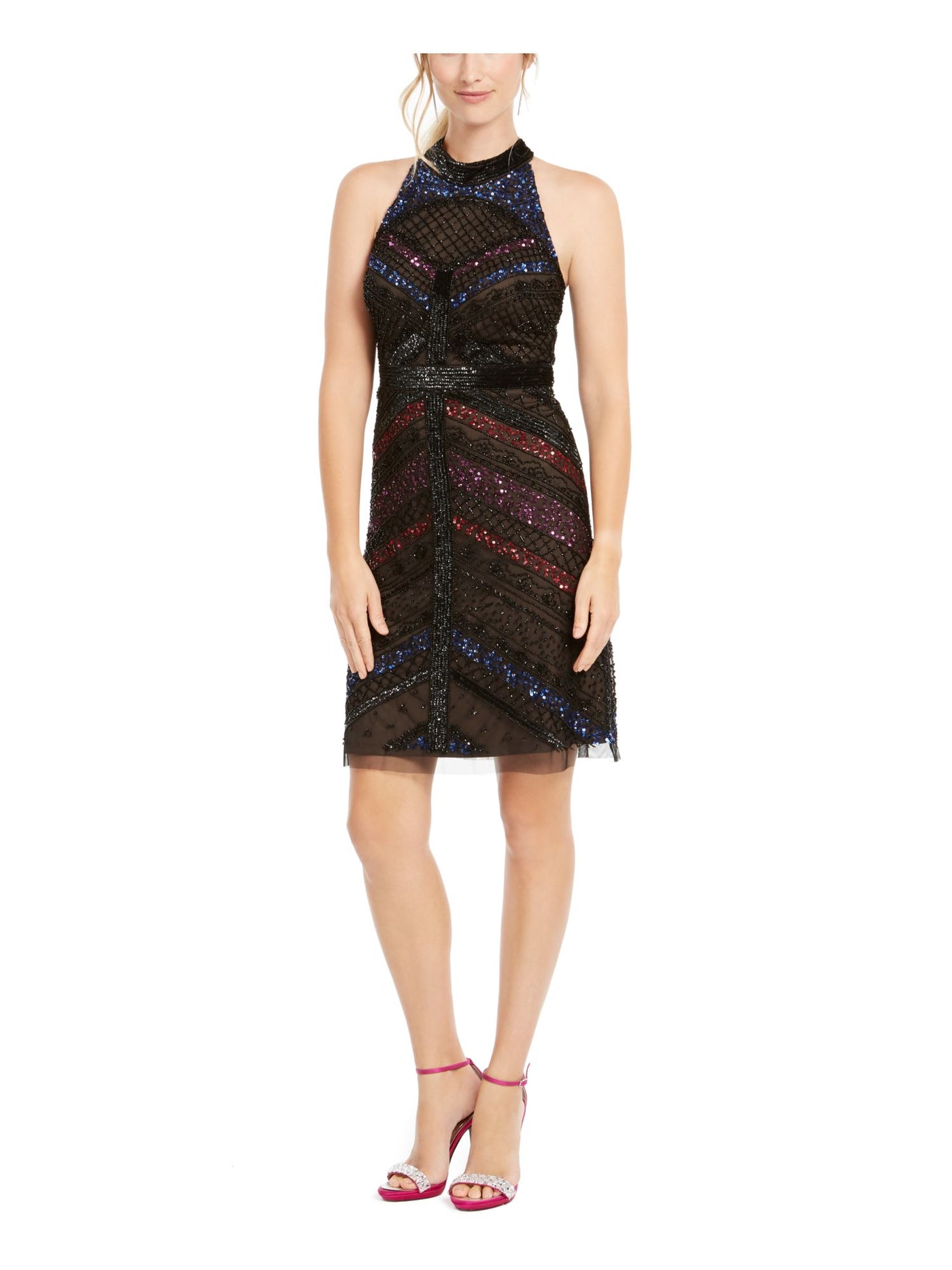 ADRIANNA PAPELL Womens Black Beaded Printed Sleeveless Halter Knee Length Cocktail Sheath Dress 2