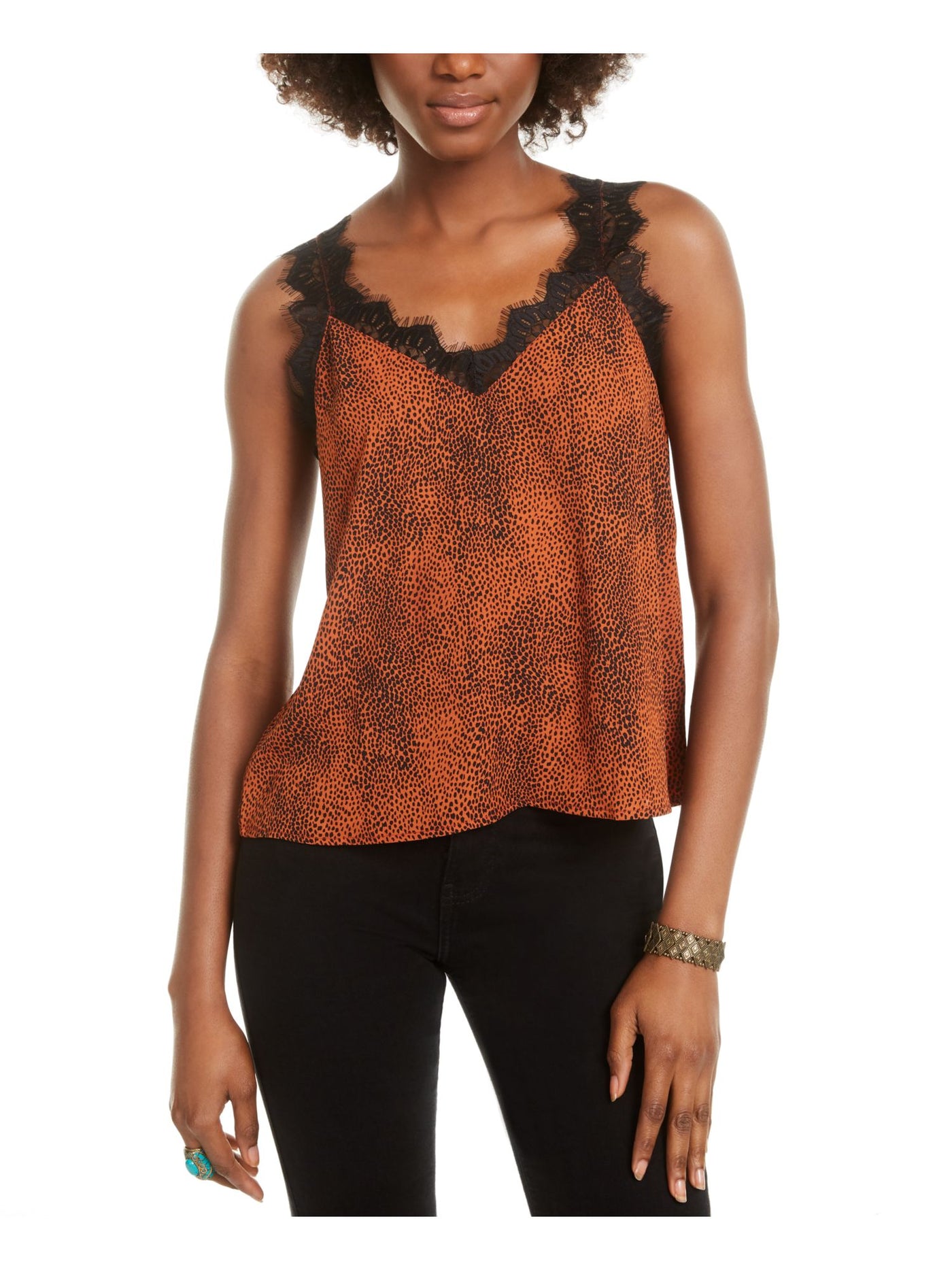 Q+A Los Angeles Womens Orange Lace  Shoulders Lace Animal Print Spaghetti Strap V Neck Top L