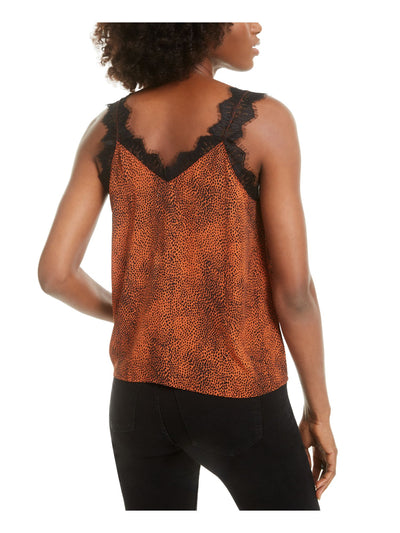 Q+A Los Angeles Womens Orange Lace  Shoulders Lace Animal Print Spaghetti Strap V Neck Top L