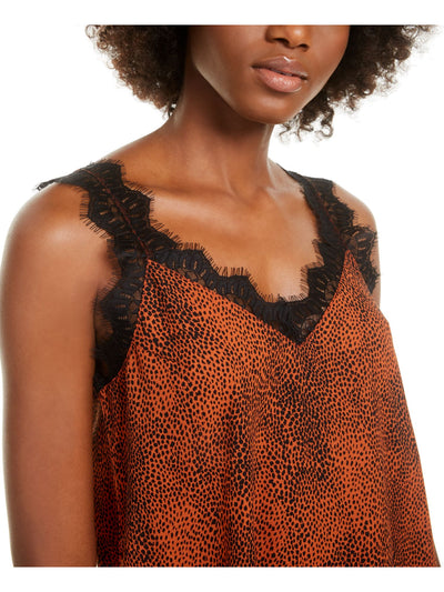 Q+A Los Angeles Womens Orange Lace  Shoulders Lace Animal Print Spaghetti Strap V Neck Top L