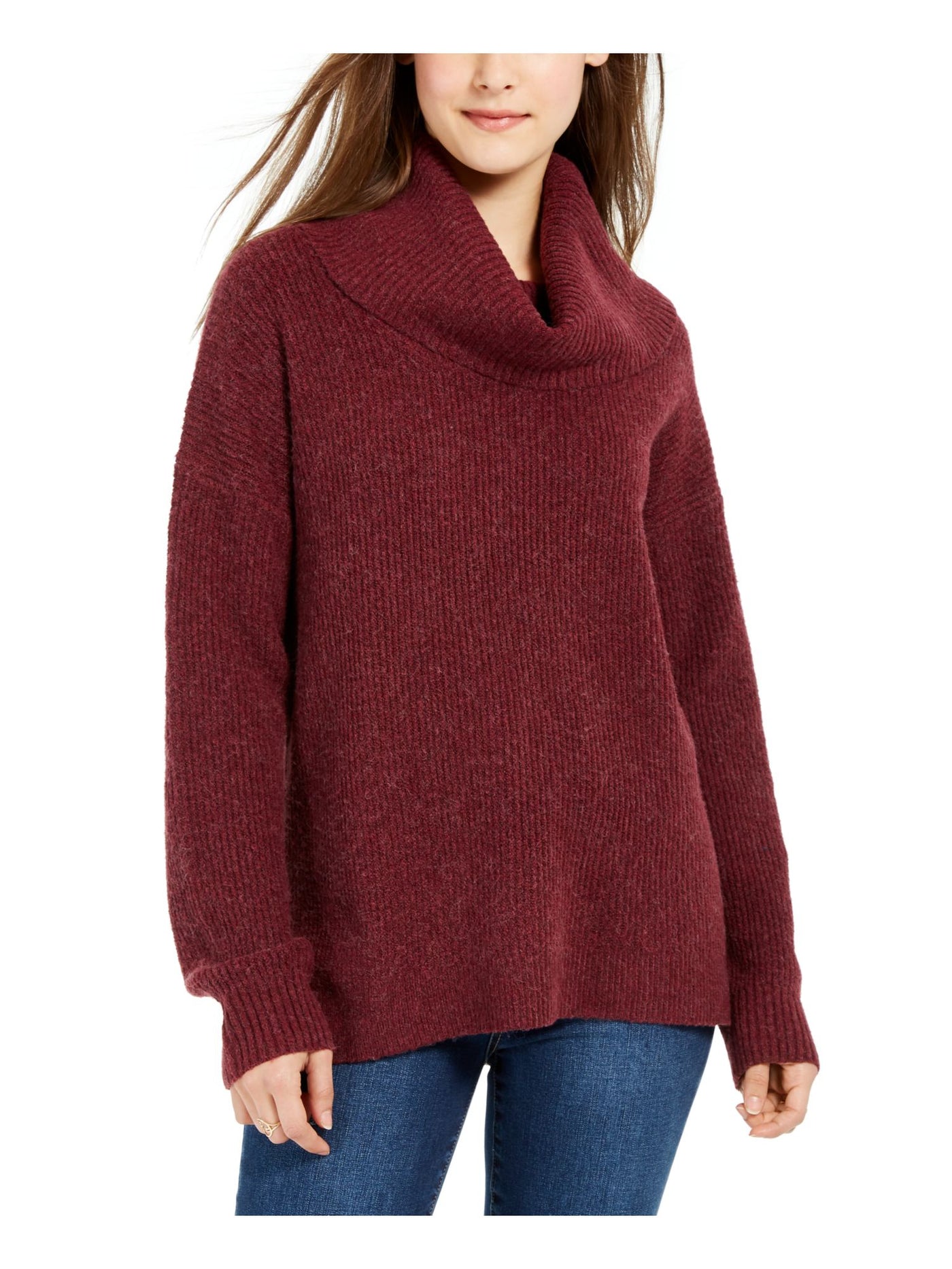 HIPPIE ROSE Womens Burgundy Ribbed Long Sleeve Cowl Neck Sweater Juniors S