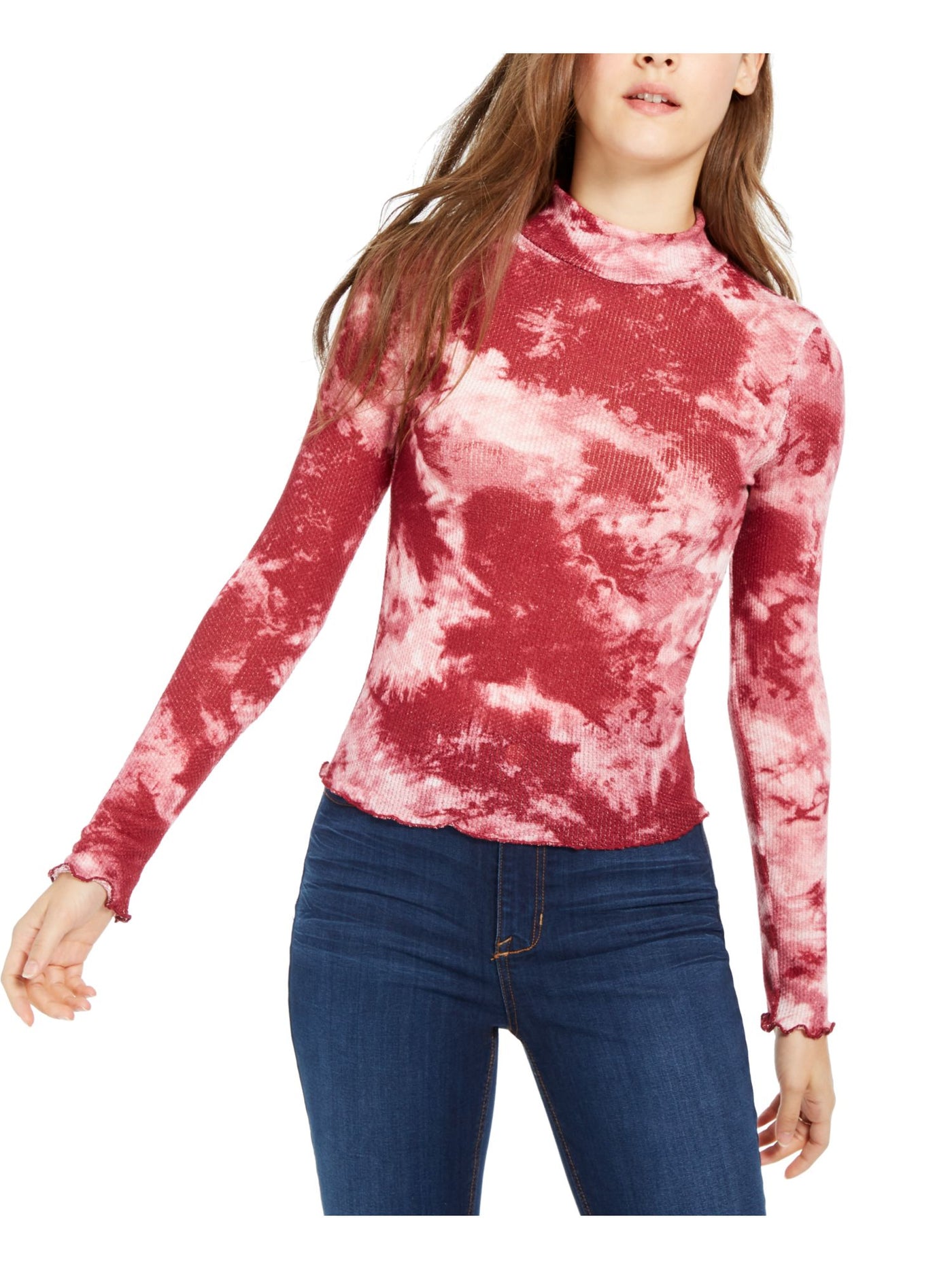 PLANET GOLD Womens Red Tie Dye Long Sleeve Turtle Neck Top S