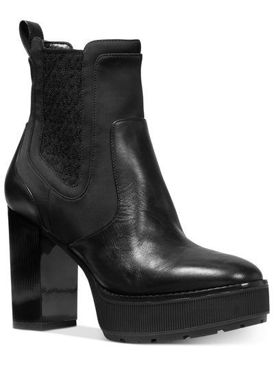 MICHAEL KORS Womens Black Mixed Media Designer Heel Goring Comfort Cramer Round Toe Leather Booties 5 M