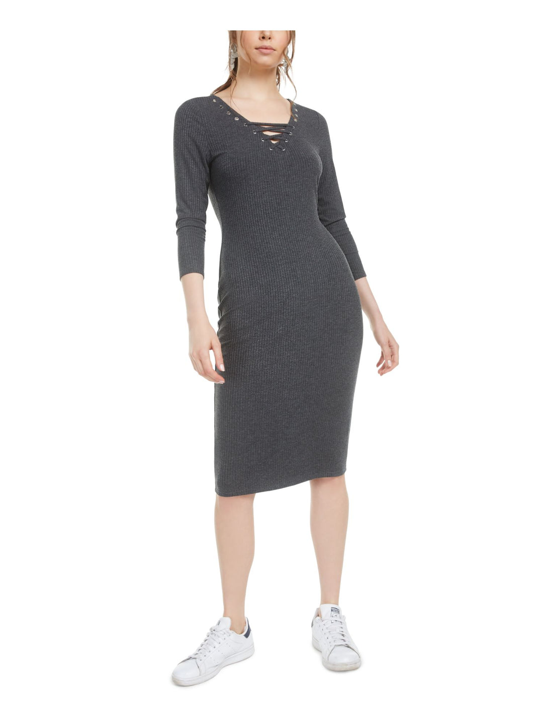 Bar III Womens Gray 3/4 Sleeve Tie Neck Below The Knee Body Con Dress