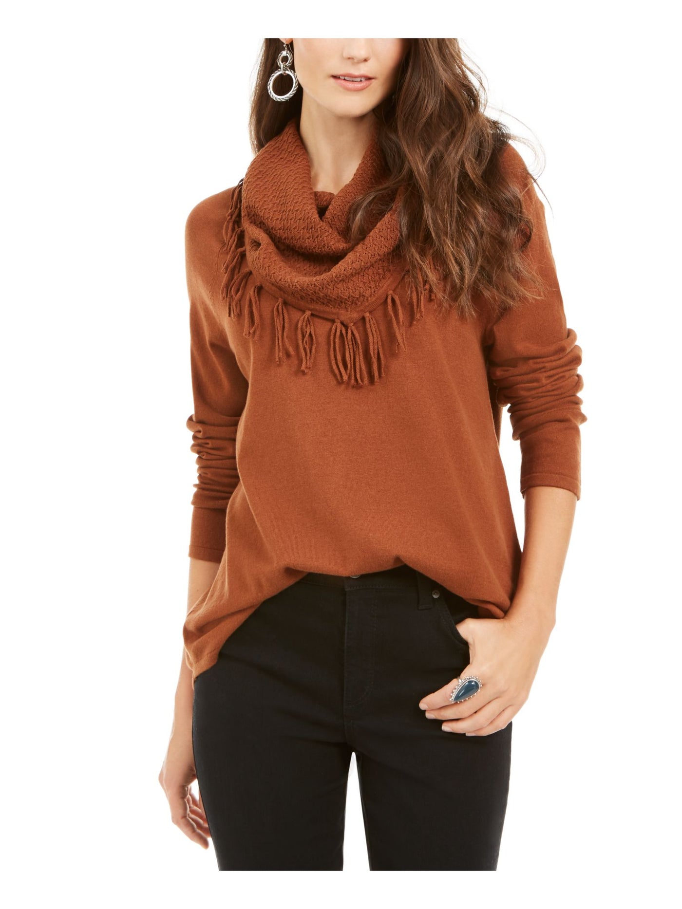 STYLE & COMPANY Womens Brown Fringed Cowl Neck Sweater Petites PXL