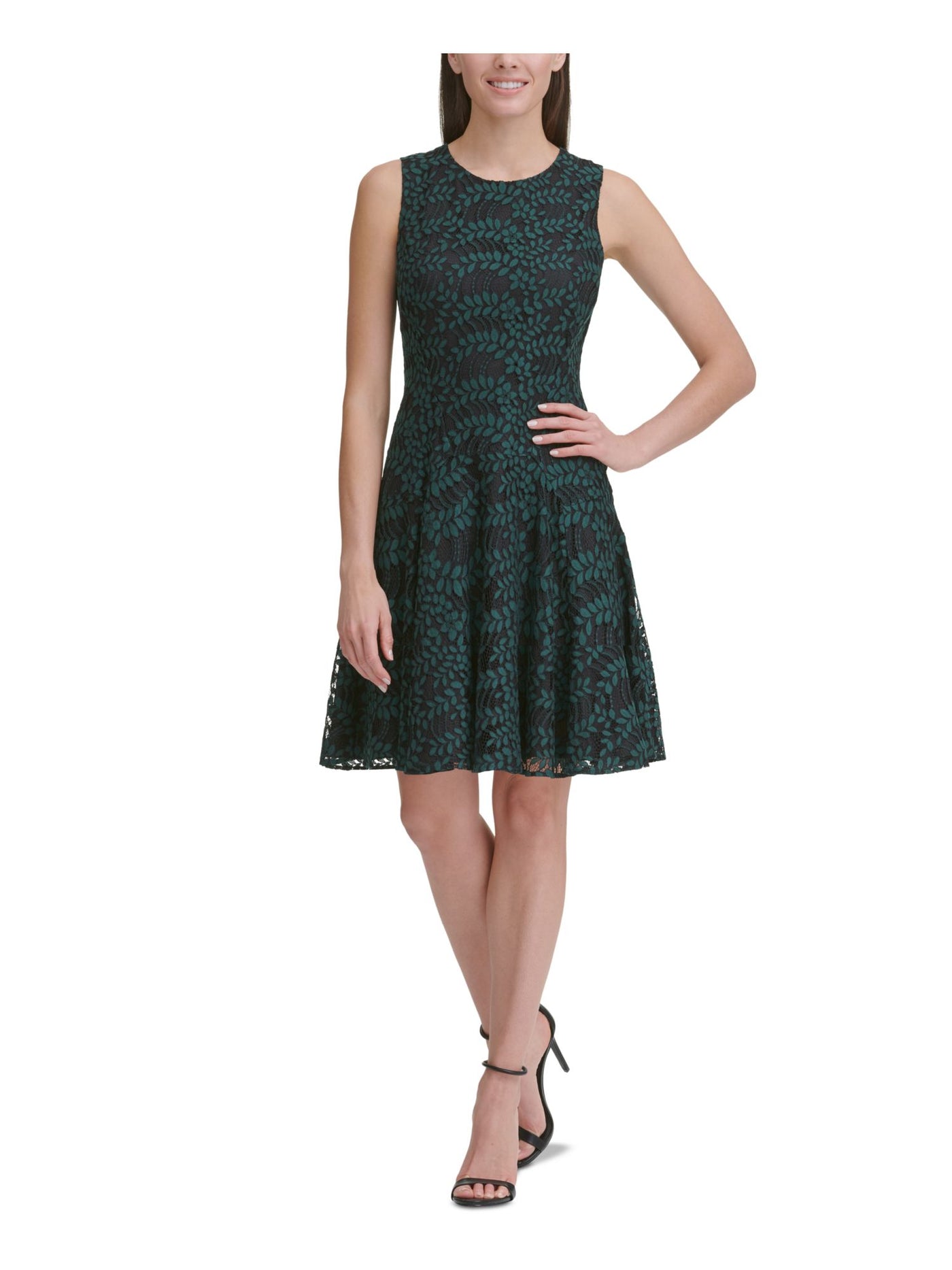 TOMMY HILFIGER Womens Green Floral Sleeveless Jewel Neck Above The Knee Fit + Flare Dress 2