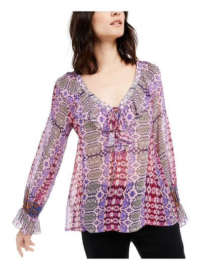 NANETTE LEPORE Womens Purple Ruffled Sheer Nordic Long Sleeve V Neck Blouse L