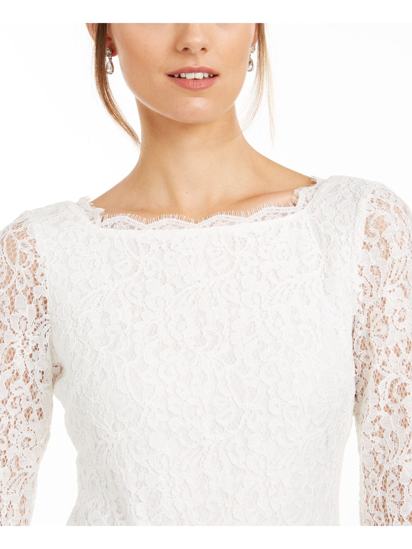 ADRIANNA PAPELL Womens White Lace Long Sleeve Square Neck Above The Knee Sheath Dress 2